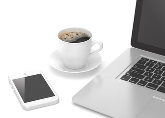 Fototapeta na wymiar Laptop smartphone and coffee cup on white. 3d rendering.
