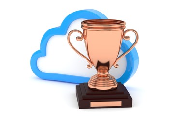 Isoalted bronze cup with cloud on white background. Blue contour cloud. Concept of cloud storage competition. Leader cloud drive. Best storage contest. 3D rendering.