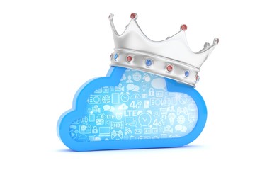 Cloud with silver crown on white background. Model of best network, database, cloud storage. Royal technology. 3D rendering.