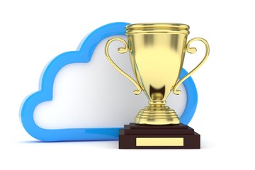 Isoalted golden cup with cloud on white background. Blue contour cloud. Concept of cloud storage competition. Leader cloud drive. Best storage contest. 3D rendering.