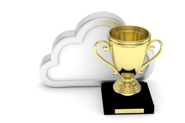 Isoalted golden cup with cloud on white background. Concept of cloud storage competition. Leader cloud drive. Best storage contest. 3D rendering.