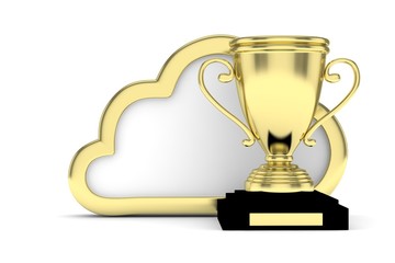 Isoalted golden cup with cloud on white background. Concept of cloud storage competition. Leader cloud drive. Best storage contest. 3D rendering.