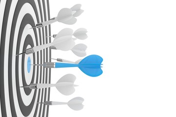 Darts board with blue center on white background. 3D rendering.