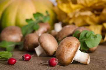 Pumpkin  and mushrooms  on wooden table.