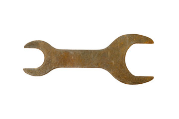 Old rusty wrench on white background