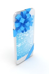 White phone with blue bow and blue screen. 3D rendering.