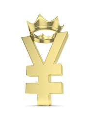 Isolated golden yen yuan sign with golden crown on white background. Chinese japanese currency. Concept of investment, asian market, savings. Power, luxury and wealth. 3D rendering.