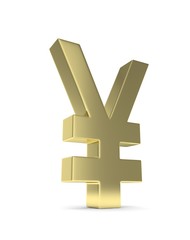 Obraz premium Isolated golden yen yuan sign on white background. Chinese japanese currency. Concept of investment, asian market, savings. Power, luxury and wealth. 3D rendering.