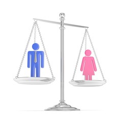 Isolated old fashioned pan scale with man and woman on white background. Gender inequality. Equality of sexes. Law issues. Colorful model. 3D rendering.