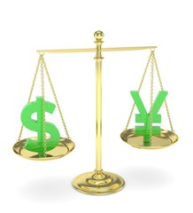 Isolated old fashioned pan scale with dollar and yuan,yen on white background. American and chinese and japanese currency. Currency equality. Green money. 3D rendering.