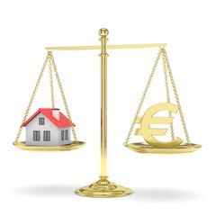 Isolated golden scales with golden euro and house on white background. Investment or savings concept. Real estate and currency. 3D rendering.