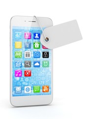White smart phone with white price tag on white background. Identification, price, label. 3D rendering.
