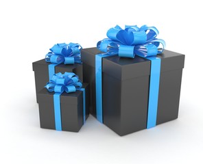 three gift boxes with bows isolated on white. 3d rendering.