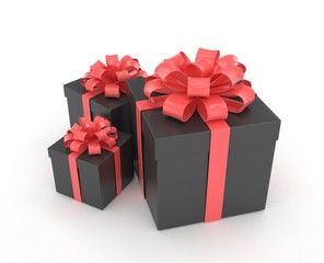three gift boxes with bows isolated on white. 3d rendering.