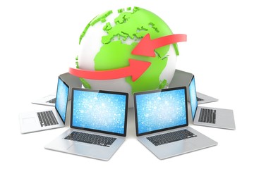 Laptop network around earth globe. 3d render