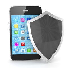 Smartphone and shield on white, security concept. 3d rendering.