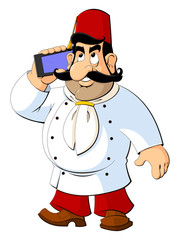 Turkish Cartoon chef in national fez talking on the phone.