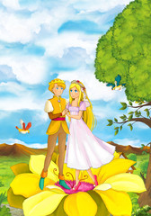 Obraz na płótnie Canvas Cartoon scene with cute royal pair on the meadow - beautiful manga girl - illustration for children