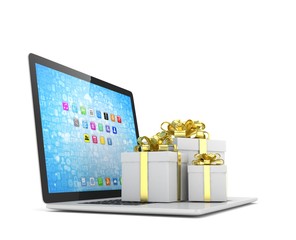 Gift box with ribbon bow on laptop keyboard. 3d rendering.