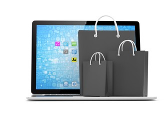 laptop and  shopping pags on white background. 3d rendering.