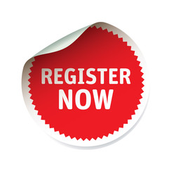 Red vector sticker and text register now