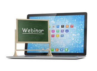 Laptop with chalkboard, webinar, online education concept. 3d rendering.