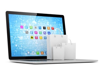 laptop and  shopping pags on white background. 3d rendering.