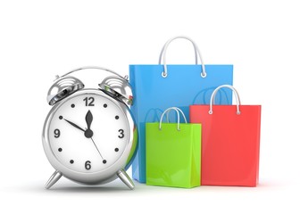 alarm clock and shopping bag (time to buy concept). 3d rendering.
