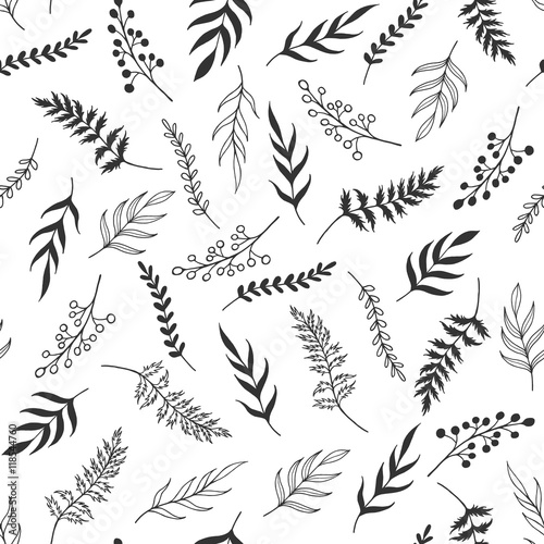 "Seamless pattern black and white herb, monochrome leaves pattern ...