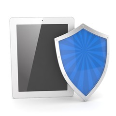 Tablet PC and shield on white device security concept. 3d rendering.