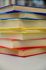Close up view of colorful books.
