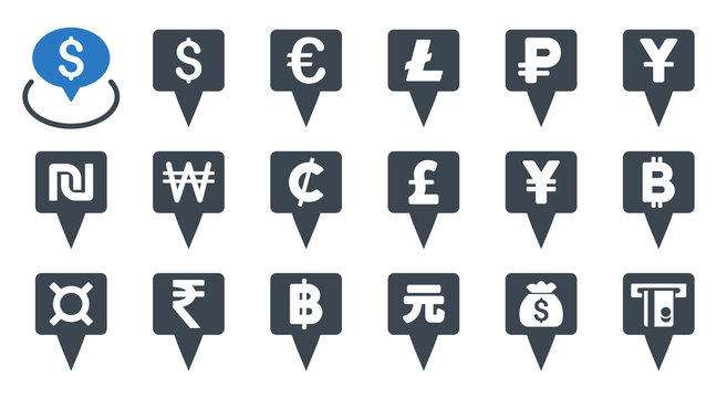 All Currency Map Pointers Vector Icons. Icon Style Is Bicolor Smooth Blue Flat Symbols With Rounded Angles On A White Background.