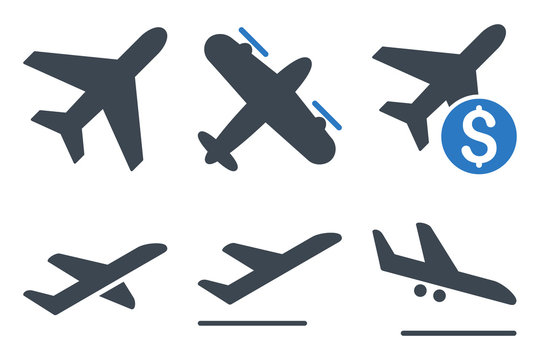 Aviation vector icons. Icon style is bicolor smooth blue flat symbols with rounded angles on a white background.