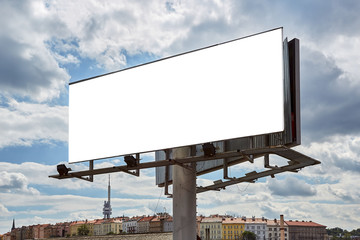 Big board with city panorama and blue sky with clouds. Place for marketing and business communication with beautiful  view.