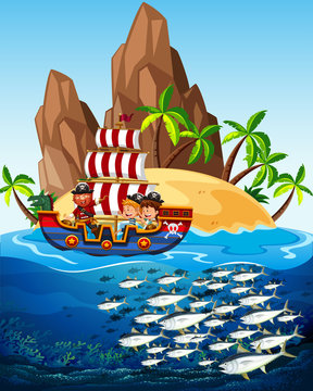 Scene with pirate ship and fish in the sea