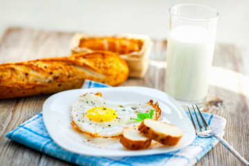Fried eggs with bread and milk