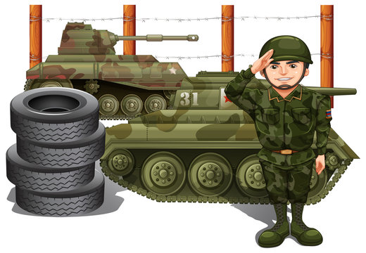 Soldier and two military tanks