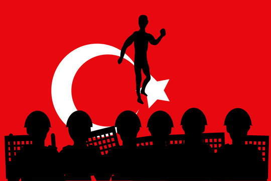 Полиция и демонстрант на фоне флага Турции