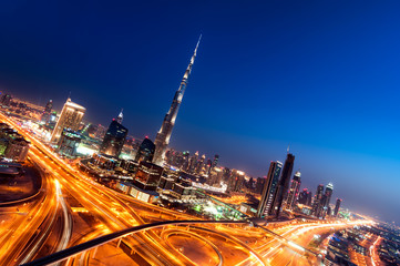 Fototapeta na wymiar Amazing sunset dubai downtown skyline with tallest skyscrapers and beautiful blue sky, Dubai, United Arab Emirates