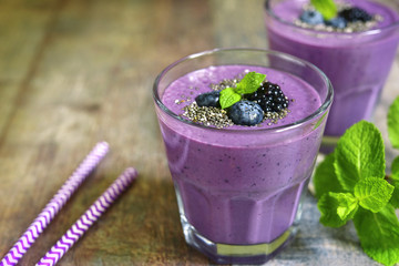 Healthy diet forest berry smoothie with chia seeds.