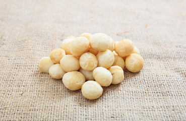 Macadamia nuts on a burlap