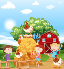 Obraz na płótnie Canvas Girls and chickens in the farm