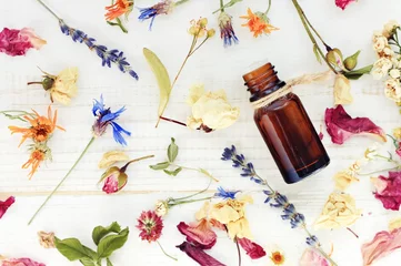 Poster Aromatic essential oil. Top view dropper bottle among colourful dried flowers, medicinal herbs gathering, scattered white wooden table.   © Anna_ok