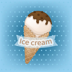 Vanilla ice cream with chocolate topping in a waffle cone. Delicious sweet ice cream with chocolate sprinkles. Ice cream emblems badges labels. Vector illustration.