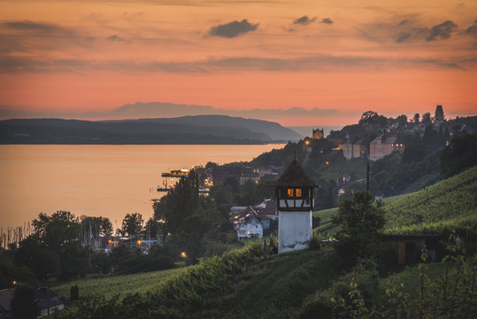 Germany, Meersburg, View of city at sunset