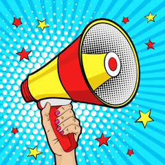 Female hand with megaphone with stars. Vector background in comic retro pop art style. - 118552379