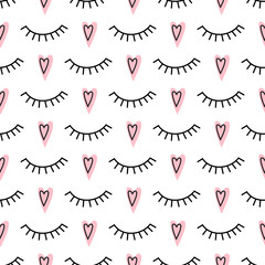 Abstract pattern with closed eyes and pink hearts. Cute eyelashes background illustration. Fashion design for textile, wallpaper, fabric etc.
