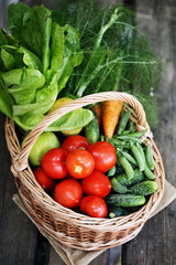 vegetables in big basket. top view