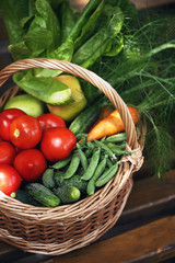 organic vegetables in big basket. top view