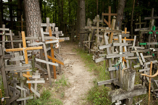 Crosses on the Holy Mountain Grabarka in Poland
